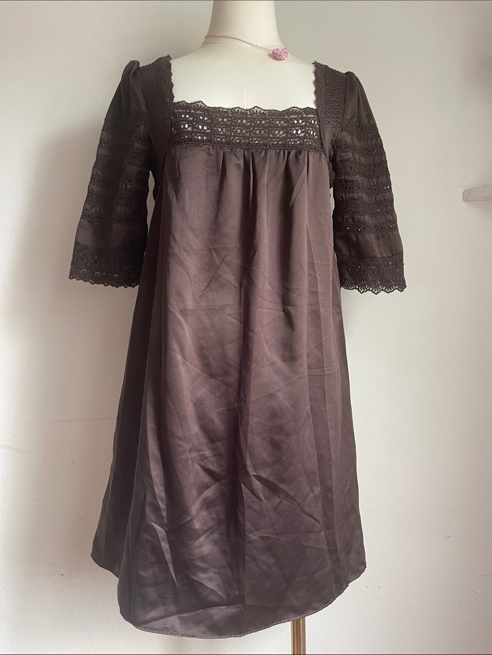 Vintage Brown Lace-Trim Mini Dress